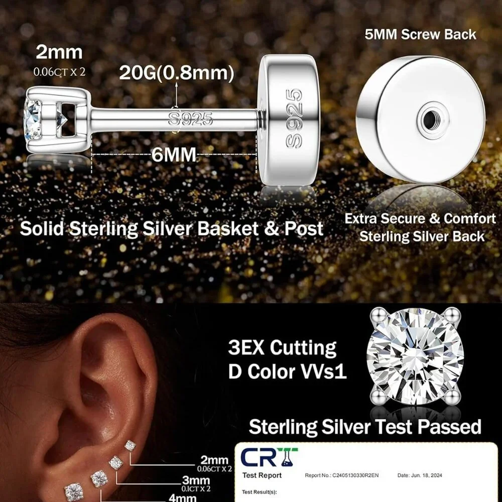 Sterling Silver Moissanite Stud Earrings 2mm D Color Hypoallergenic Gift - Picture 2 of 6